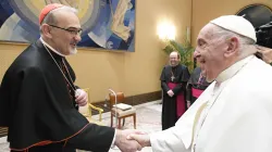 Pope Francis meets with Cardinal Pierbattista Pizzaballa, the Latin patriarch of Jerusalem, at a meeting with other Arab bishops on Aug. 28, 2024, at the Vatican. / Credit: Vatican Media