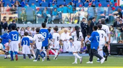 Pope Francis watches a friendly soccer game between Italian professional soccer players with children clad in uniforms as part of the first World Children’s Day on May 25, 2024, at Olympic Stadium in Rome. / Credit: Daniel Ibañez/CNA
