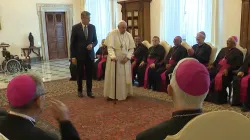 Pope Francis walks with a cane at the beginning of a meeting with Brazilian bishops on June 27, 2022. Vatican Media