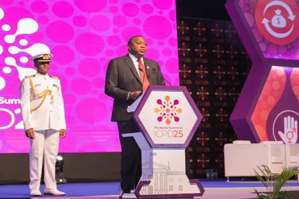 Kenya's President Uhuru Kenyatta addressing delegates at the International Conference on Population and Development ICPD25 in Nairobi during the official opening on November 12, 2019