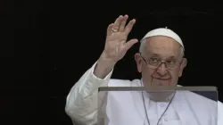 Pope Francis waves to pilgrims gathered in St. Peter's Square for the recitation of the Regina Caeli on May 7, 2023. | Vatican Media