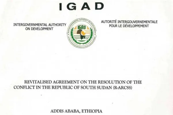Part of front page of the Revitalized Agreement on the Resolution of Conflict in South Sudan (R-ARCSS) signed in Addis Ababa, Ethiopia in September 2018. Credit: IGAD / IGAD