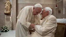 Pope Francis presents new cardinals to Benedict XVI in the chapel of the Vatican’s Mater Ecclesiae Monastery on Nov. 28, 2020. Vatican News.