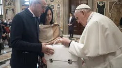 Pope Francis welcomes members of the Italian Association of Leather Chemists during an audience in the Clementine Hall of the Vatican Apostolic Palace on January 29, 2022. Vatican Media