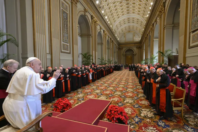 Pope Francis addresses cardinals and senior Vatican officials during his annual Christmas speech to the Roman Curia, Dec. 22, 2024