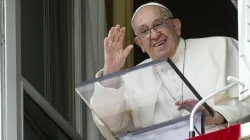 Pope Francis waves from a window of the Apostolic Palace at the crowds gathered in St. Peter's Square for his weekly Angelus address on Sunday, Sept. 22, 2024. / Credit: Vatican Media