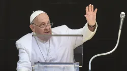 Pope Francis waves to crowds before his noon Angelus address during a hot day in Rome on July 14, 2024. / Credit: Vatican Media