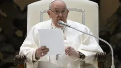 Pope Francis delivers an address during his Wednesday general audience on Feb. 14, 2024, in the Paul VI Audience Hall at the Vatican. | Credit: Vatican Media