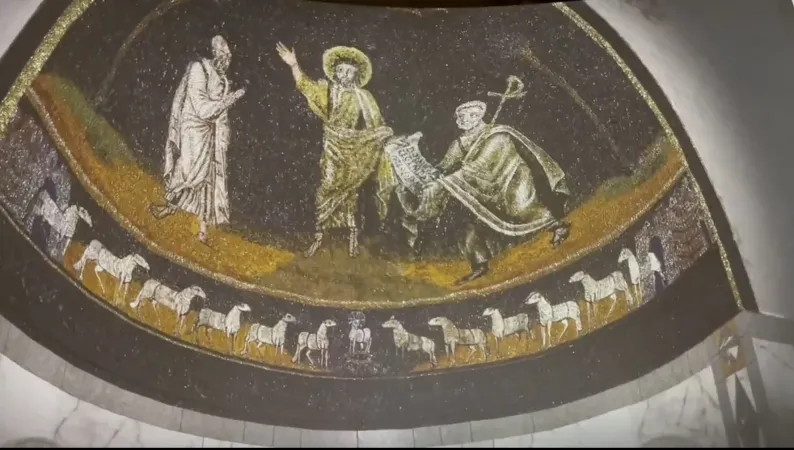 A digital representation of a mosaic inside the original St. Peter’s Basilica built by Constantine from the press tour of the Pétros ení exhibit, part of the Microsoft La Basilica Di San Pietro: AI-Enhanced Experience.