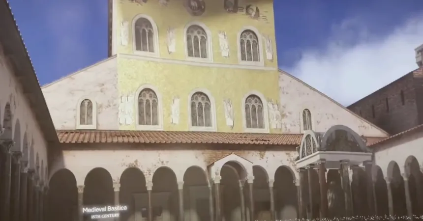 A digital recreation of how St. Peter’s Basilica would have looked to pilgrims visiting in the 15th century from the press tour of the “Pétros ení” exhibit, part of the Microsoft La Basilica Di San Pietro: AI-Enhanced Experience.