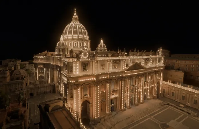 An AI-generated image of St. Peter’s Basilica at night.