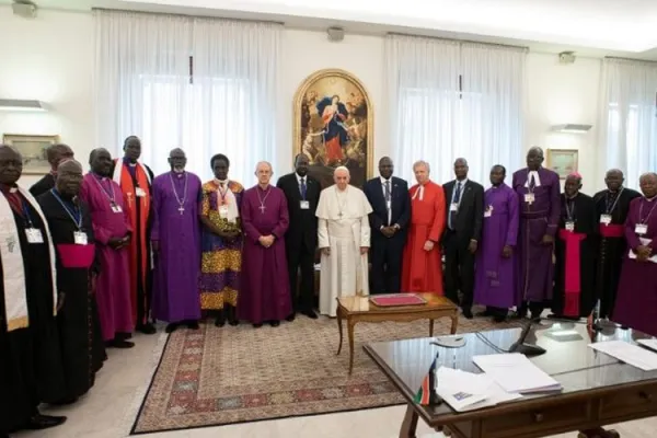 Pope Francis with South Sudanese leaders in the Vatican. Credit: Vatican Media