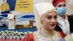 Pope Francis meets with young people at St. Dionysius School of the Ursuline Sisters in Maroussi, Athens, Dec. 6, 2021. Vatican Media.