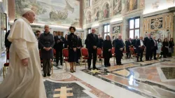 Pope Francis greets members of the Biomedical University Foundation of the Biomedical Campus University, at the Vatican’s Clementine Hall, Oct. 18, 2021. Vatican Media.