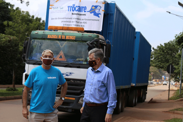 The 40-tonne container of emergency supplies that was handed over by Irish Ambassador to Uganda, William Carlos (R) to Trócaire Country Director in  Uganda, Ian Dolan (L). / Trocaire