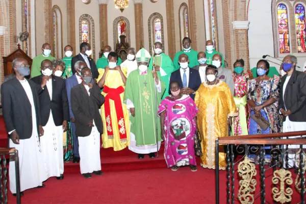 Bishop Paul Ssemogere of the Catholic Diocese of Kasana-Luweero with some elders and grandparents. Credit: