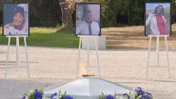 Portraits of Nadine Devillers, Vincent Loques, and Simone Barreto Silva. / Screengrab from the livestream of the Nice attack victims' memorial Nov. 7, 2020.