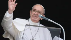 Pope Francis waves during his Angelus address at the Vatican, Aug. 2, 2021. Vatican Media.