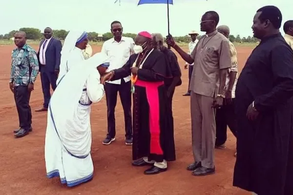 Bishop Matthew Remijio Adam, Apostolic Administrator of the Diocese of Rumbek welcomed upon his arrival in Rumbek. Credit Courtesy Photo