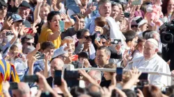 Pope Francis greets members of the international Catholic movement Communion and Liberation in St. Peter's Square 15 October 2022. | Daniel Ibanez/CNA