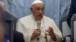 Pope Francis speaks during a press conference aboard the papal plane from Marseille, France, to Rome on Sept. 23, 2023, at the conclusion of a two-day visit to the southern French port city to take part in the Mediterranean Encounter, a meeting of young people and bishops. | Credit: Daniel Ibanez/CNA