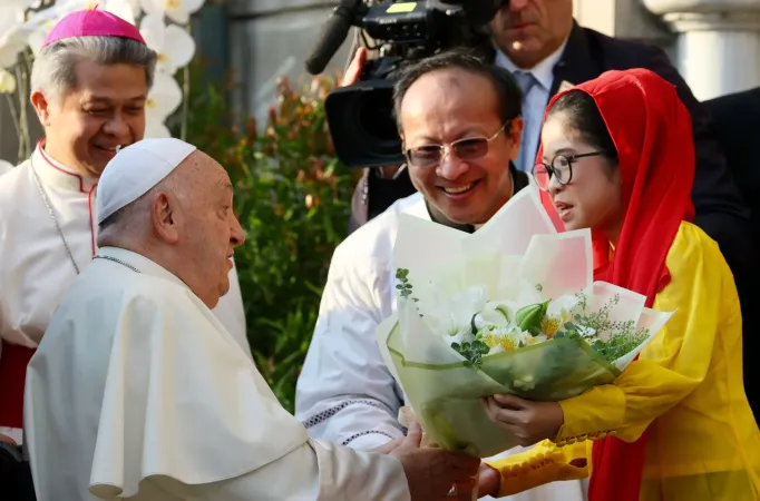 Pope Francis arrives at the Cathedral of Our Lady of the Assumption in Jakarta on Sept. 4, 2024, to meet with bishops, priest, religious, seminarians, and catechists.