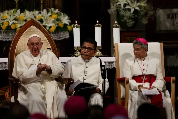 Pope Francis participates in a meeting at the Cathedral of Our Lady of the Assumption in Jakarta on Sept. 4, 2024, with bishops, priest, religious, seminarians, and catechists. / Credit: Daniel Ibáñez/CNA