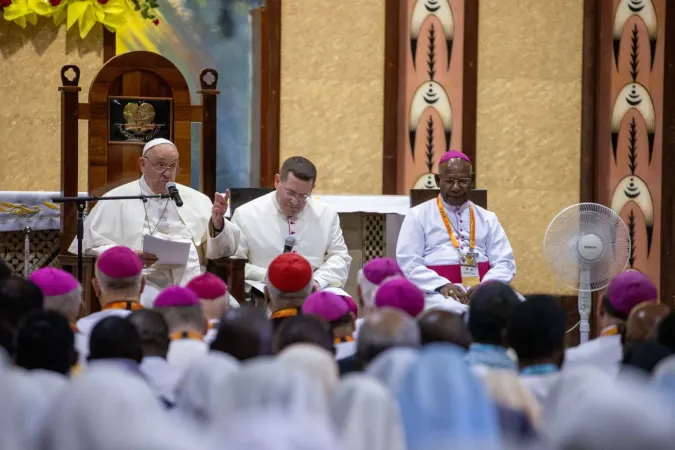 Pope Francis speaks to bishops, priests, deacons, seminarians, and catechists from across Papua New Guinea and the Solomon Islands at the Shrine of Mary Help of Christians in Port Moresby on Sept. 7, 2024,