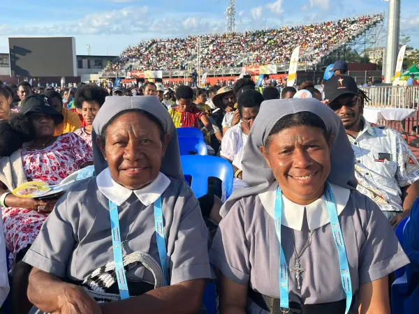 Sister Agnes Sina (left) and Sister Veronica Tamai from the Handmaids of the Lord community woke up at 2am to travel to Port Moresby and attend Mass with Pope Francis at Sir John Guise Stadium, Sept. 8, 2024.