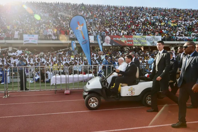 Pope Francis arrives to celebrate Mass at Sir John Guise Stadium in Port Moresby, Papua New Guinea, Sept. 8, 2024