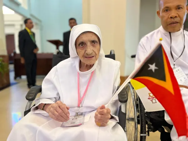 The 90-year-old Mother Maria Chioda, FdCC, attends the meeting of Pope Francis with bishops, priests, deacons, consecrated persons, seminarians and catechists at the Cathedral of the Immaculate Conception in Dili, East Timor, Sept. 10, 2024.