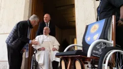 Father Enrique “Kike” Figaredo on Oct. 23, 2024, presents Pope Francis with a wheelchair made by land mine survivors in Cambodia. / Credit: Courtesy of Father Kike Figaredo